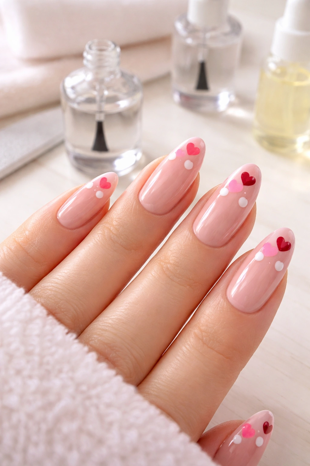 Hand with long-lasting glossy heart nails