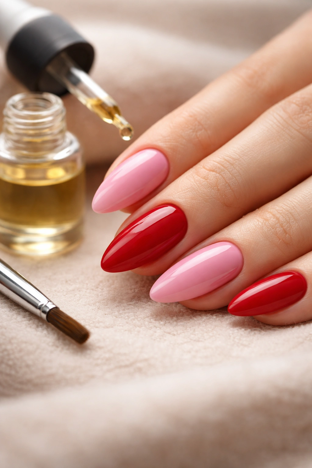 Almond nails pink and red with glossy topcoat and maintenance items nearby