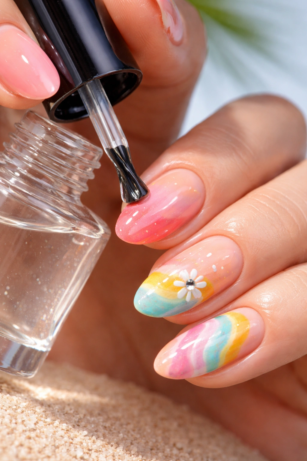 Close-up of nails with base coat and glossy top coat
