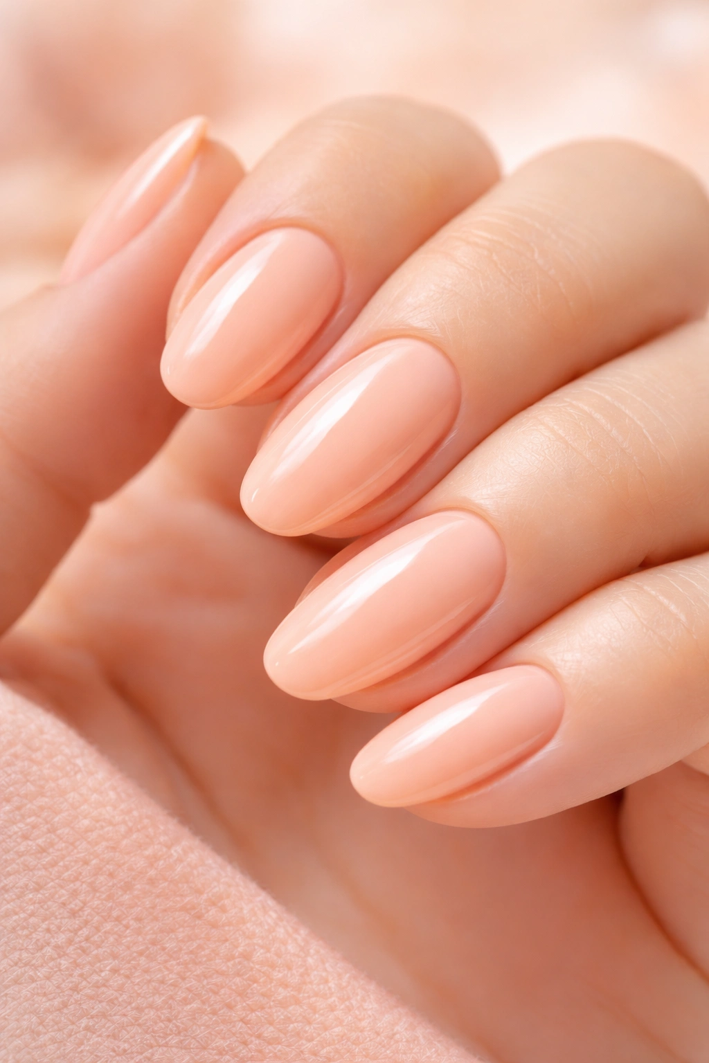 Nails with a long-lasting pastel peach manicure and glossy finish