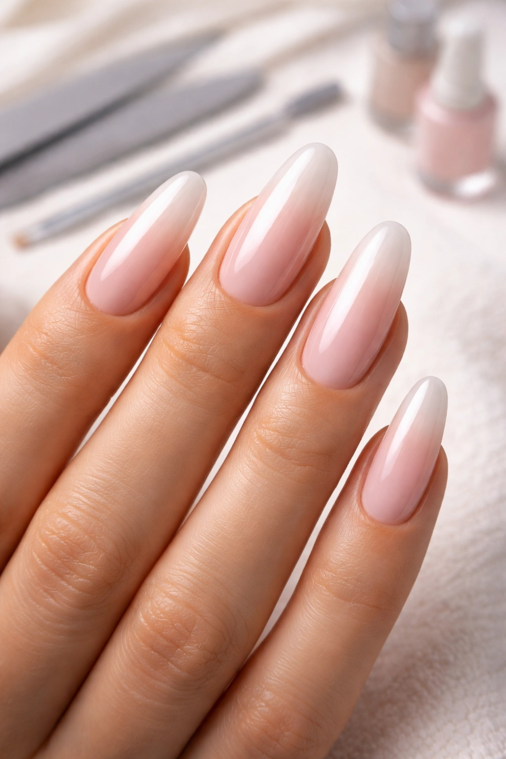 Hand with durable-looking press-on nails on a neutral background