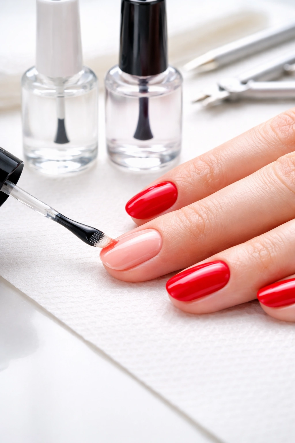 Hand applying base coat with red nails and protective top coat nearby