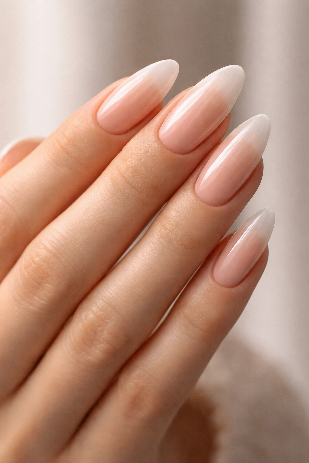 Close-up of long almond-shaped nails with glossy finish on a hand
