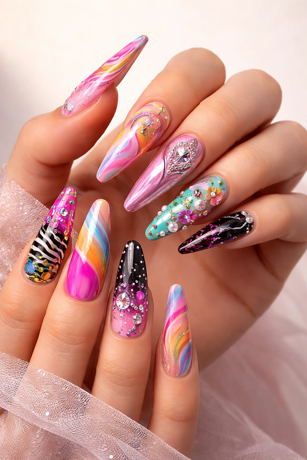 Long nails with intricate nail art as a canvas for creativity