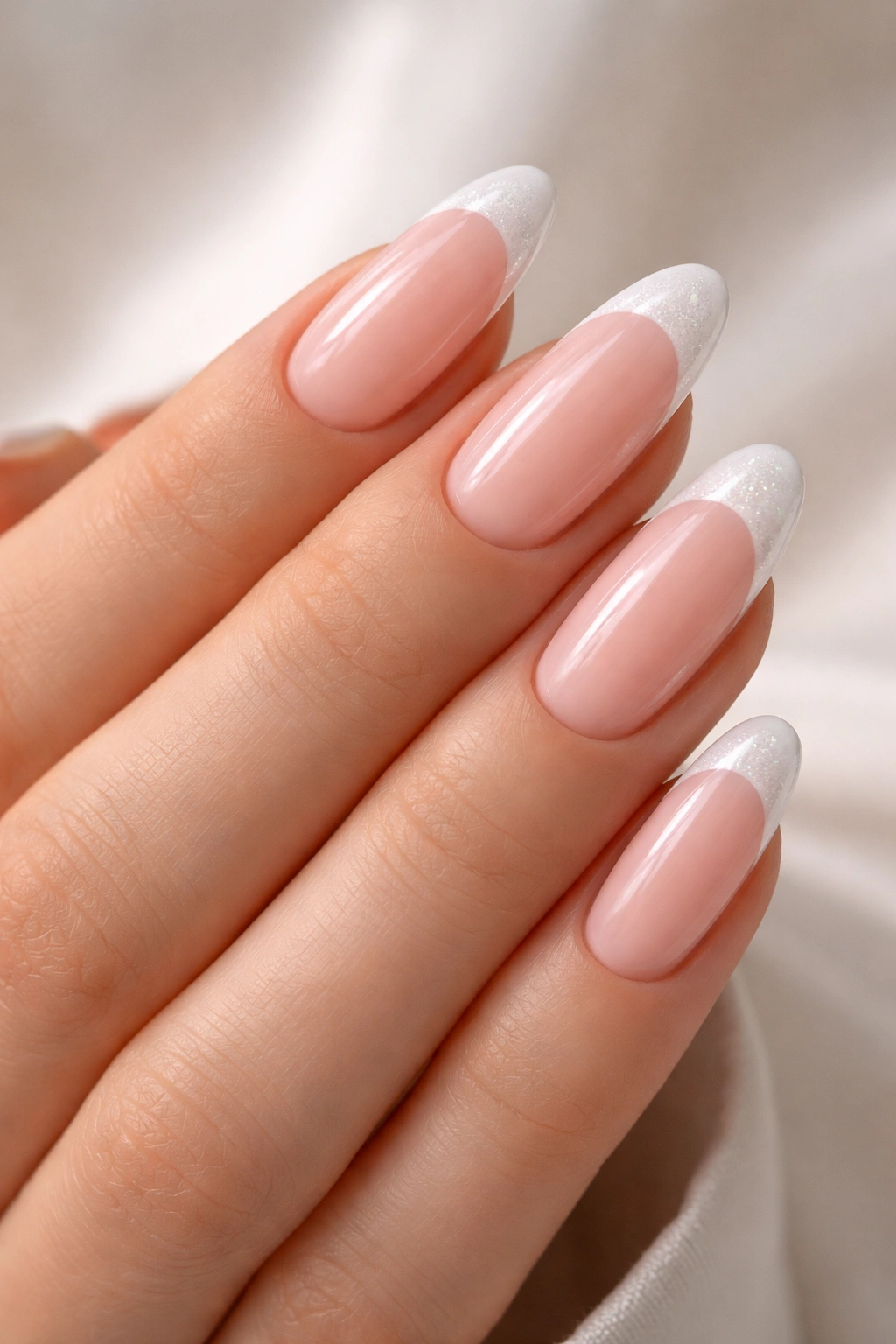Classic white tip nails with subtle shimmer on long round nails in natural light.