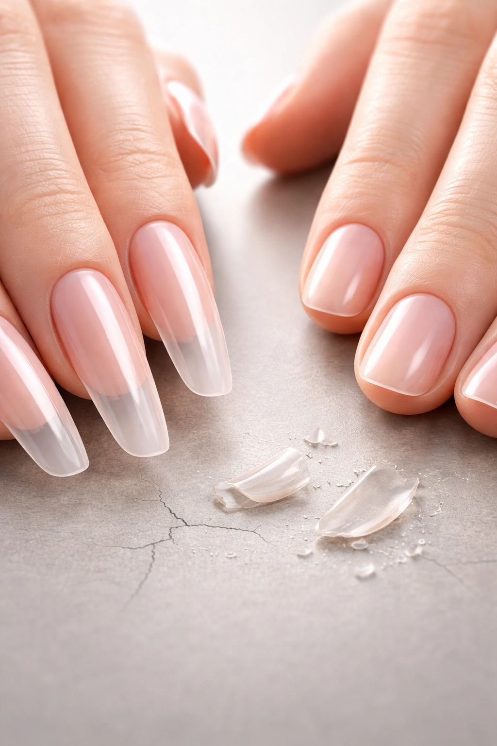 Close-up of long nails extending beyond fingertips