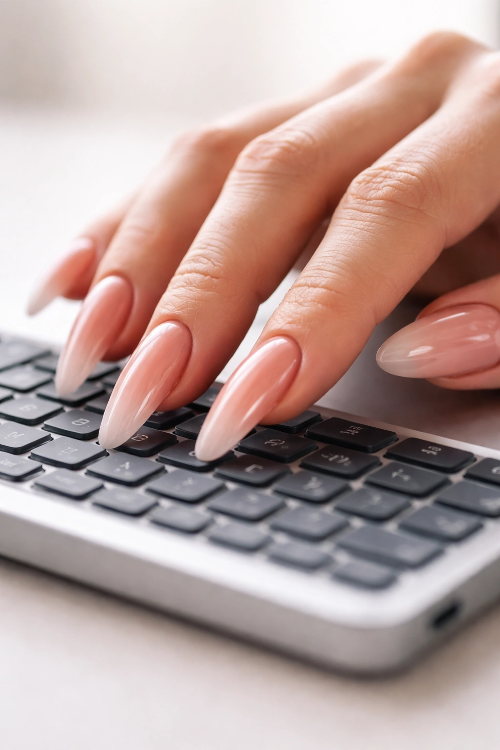 Hand with long nails struggling to press small keyboard keys