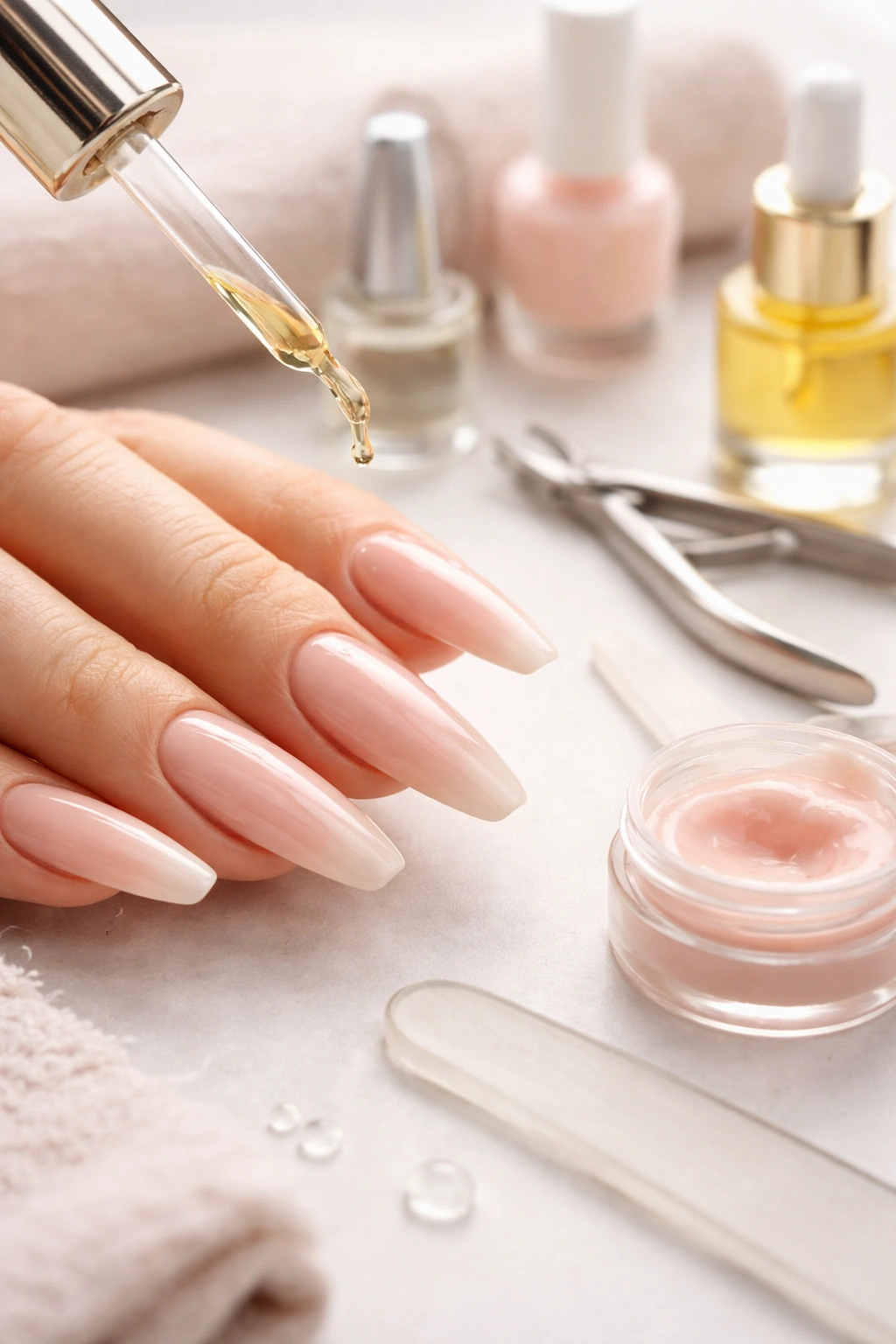 Close-up of a hand with long nails being cared for with cuticle oil and nail products