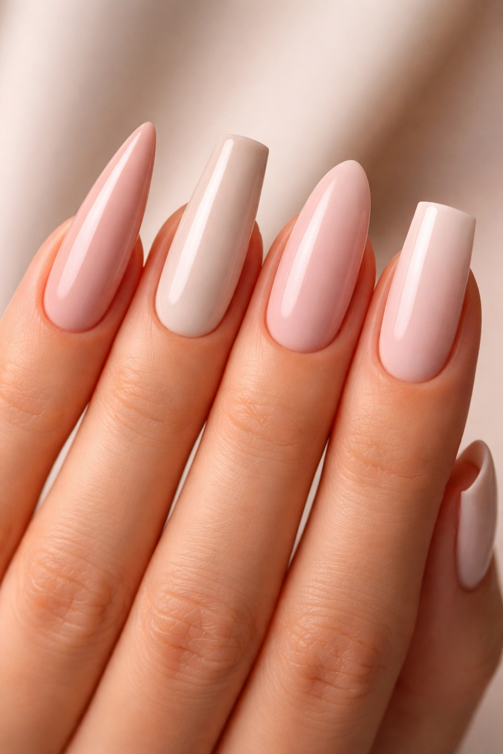 Hand showing four long-nail shapes: stiletto, coffin, almond, square