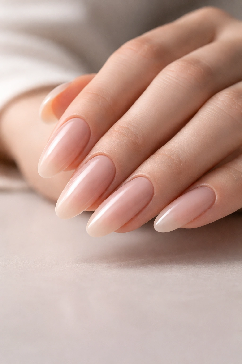 Close-up of a hand with long oval nails in nude polish on a soft neutral background