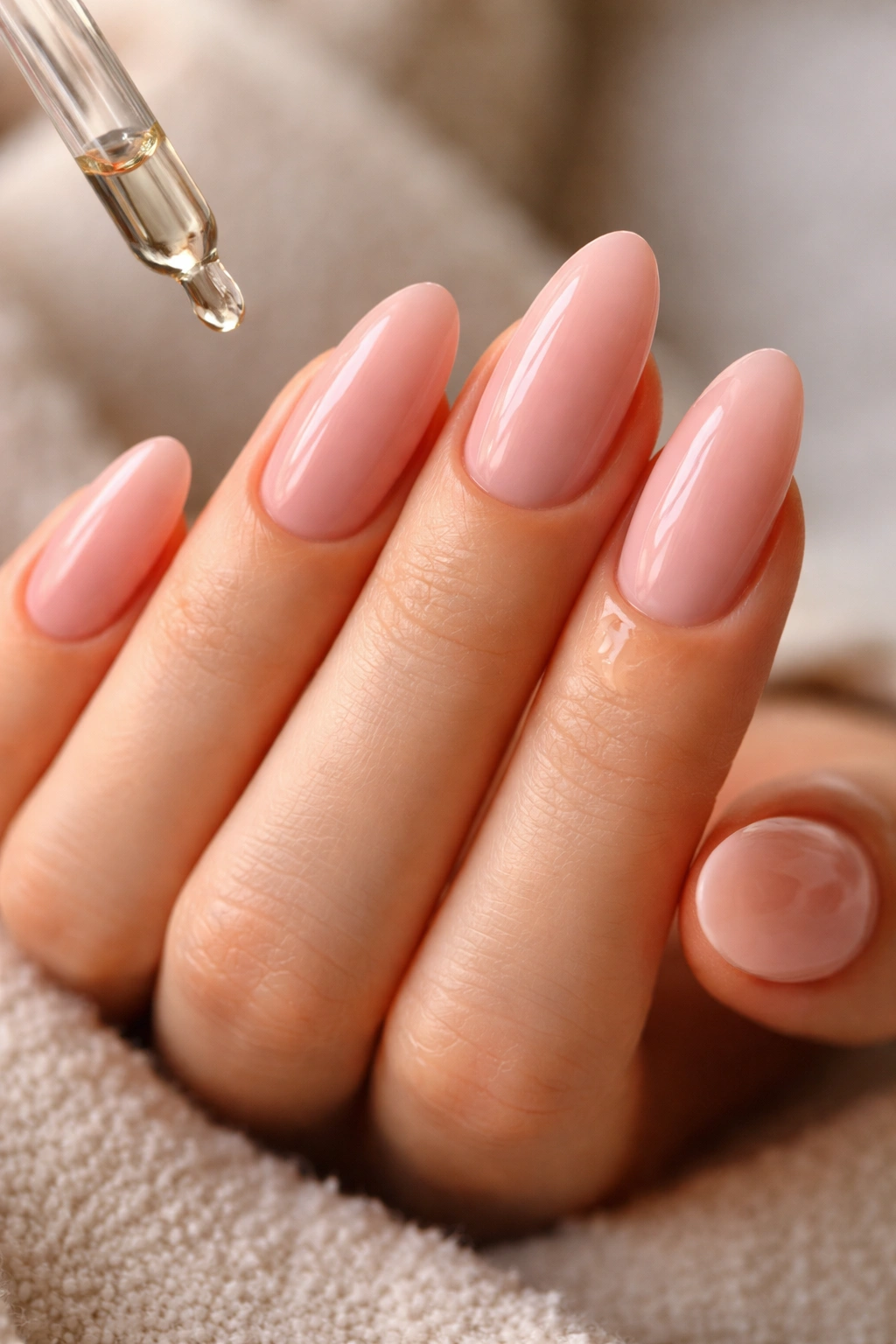 Hand with long oval nails applying cuticle oil at the cuticles