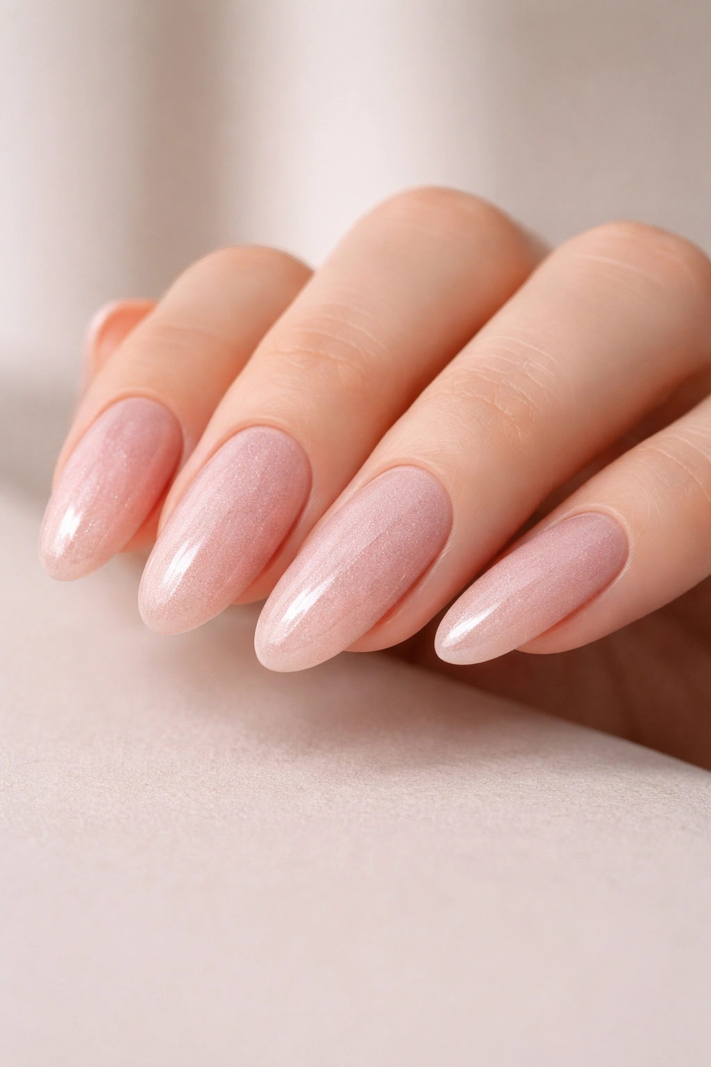 Close-up of long oval dip powder nails in soft blush shimmer on a hand in studio lighting