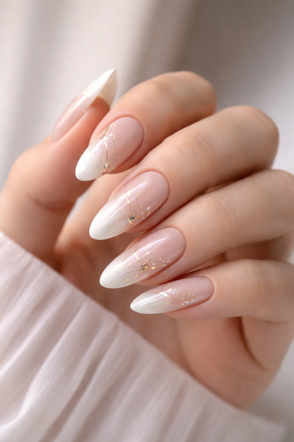 Close-up of a hand with long oval nails featuring subtle art against a neutral studio background