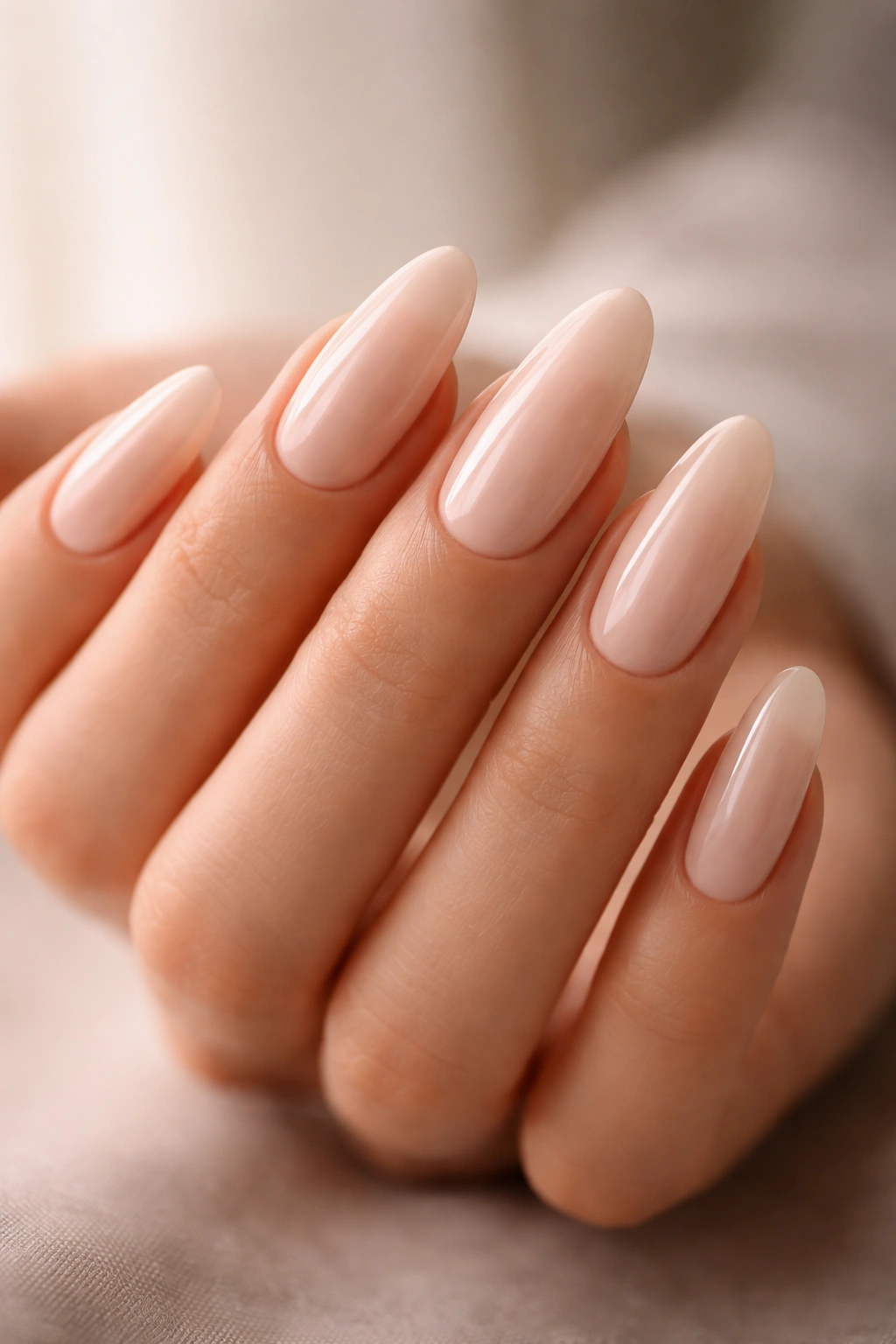 Close-up of a hand with long oval nails wearing nude polish on a neutral backdrop
