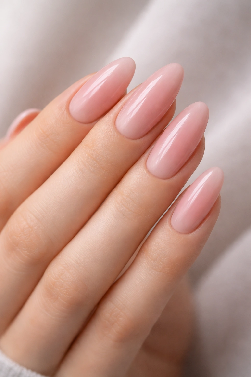 Close-up of long oval nails in pink gradient showing shape and length