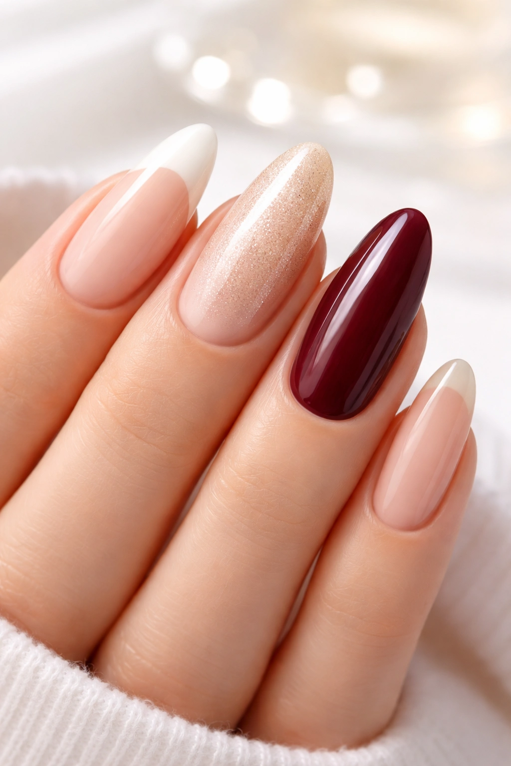 Close-up of long oval nails showing French manicure, nude shimmer, and burgundy styles.