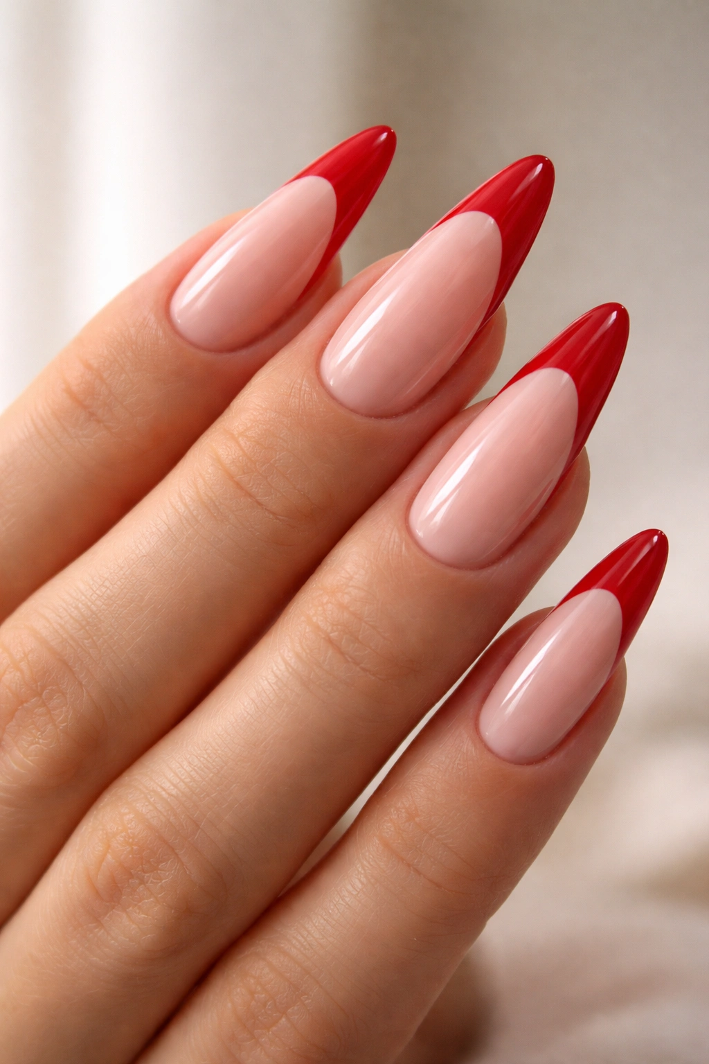 Close-up of long almond nails with red tips and glossy top coat