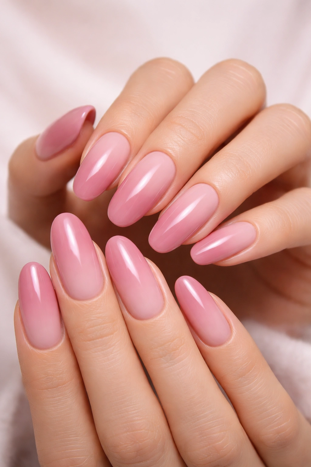 Long round nails with blush pink ombre on a softly lit hand