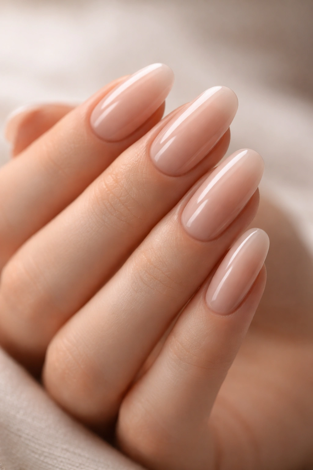 Close-up of a hand with long round nails and natural nude polish in a minimal studio setting