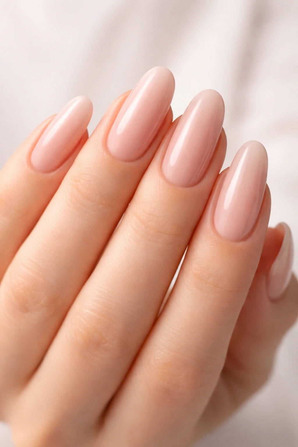 Close-up of high-gloss long round nails on a hand