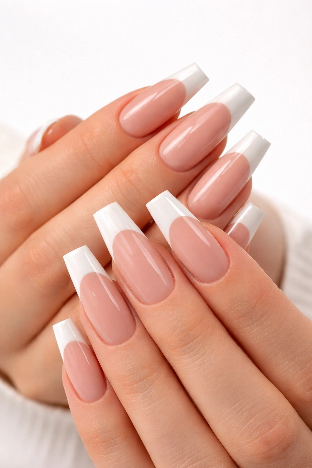Close-up of long square nails with French tips and tapered edges