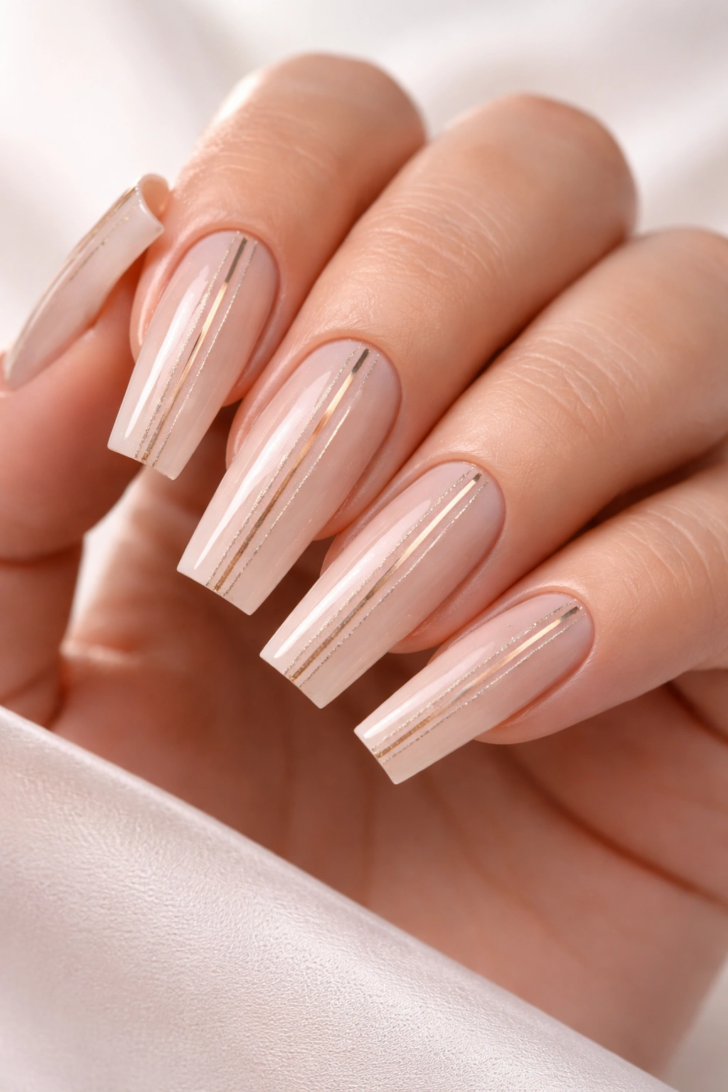 Close-up of long square nails with vertical line art
