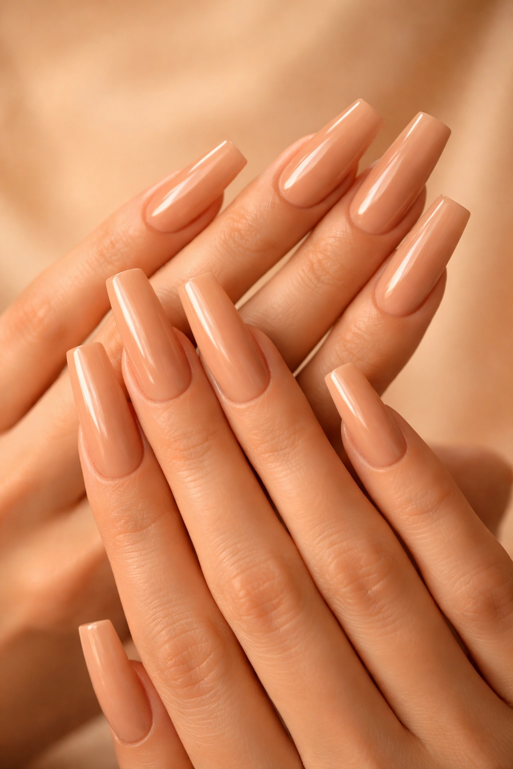 Close-up of hands showing long square nails in warm nude tones with peachy undertones