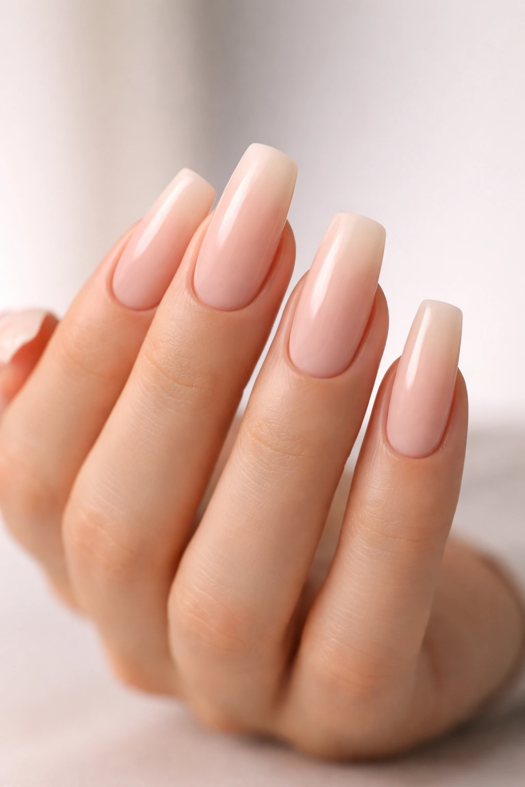 Close-up of long squoval nails in a calm studio setting emphasizing shape