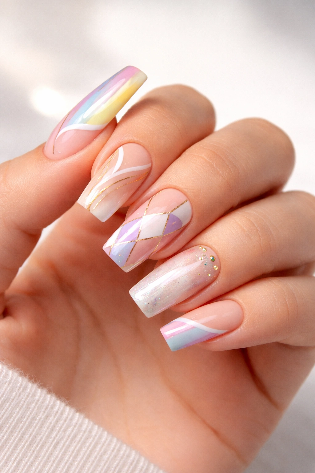 Long squoval nails with intricate nail art on a hand