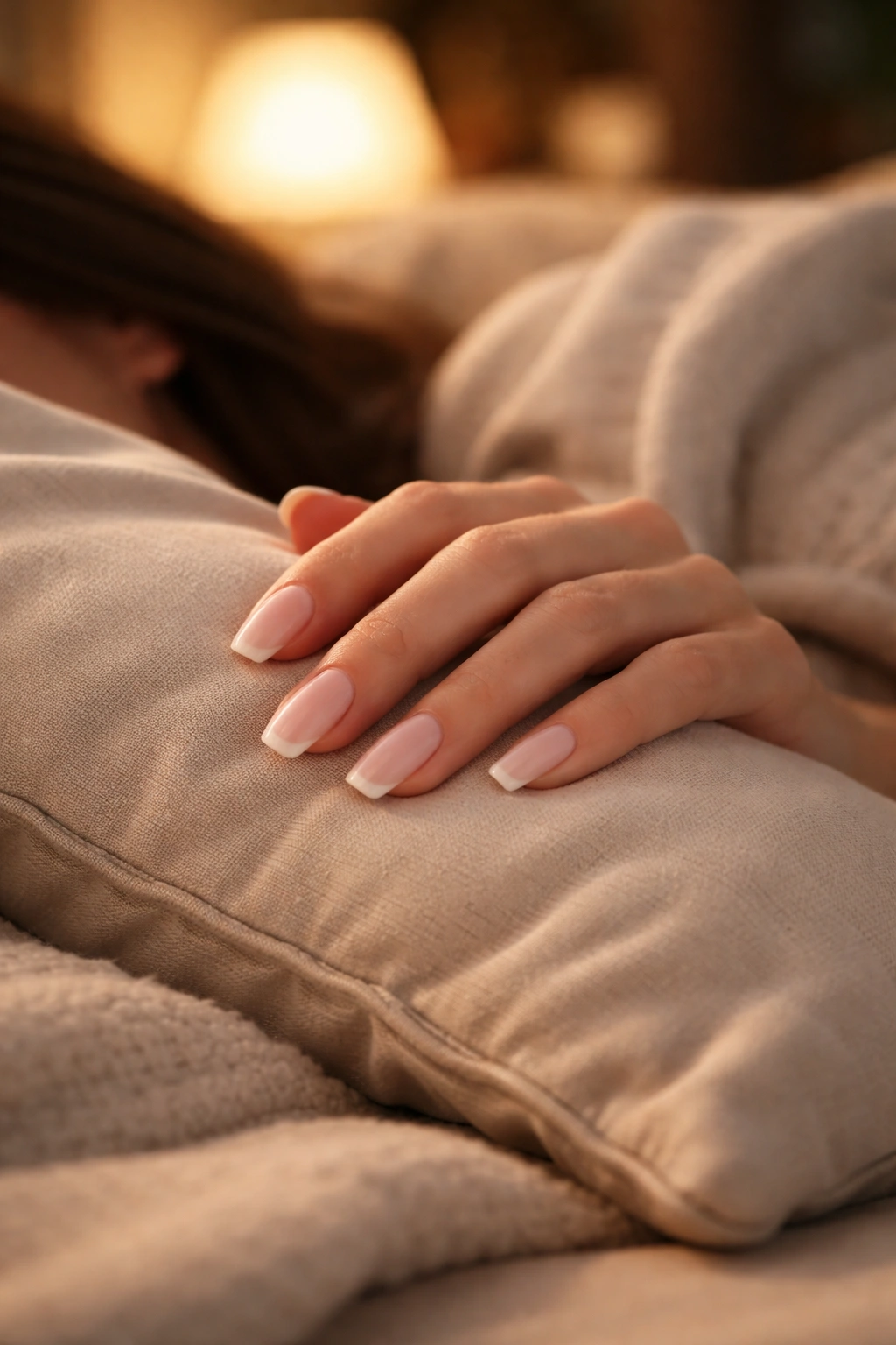 Close-up of long squoval nails resting on pillow illustrating sleep comfort