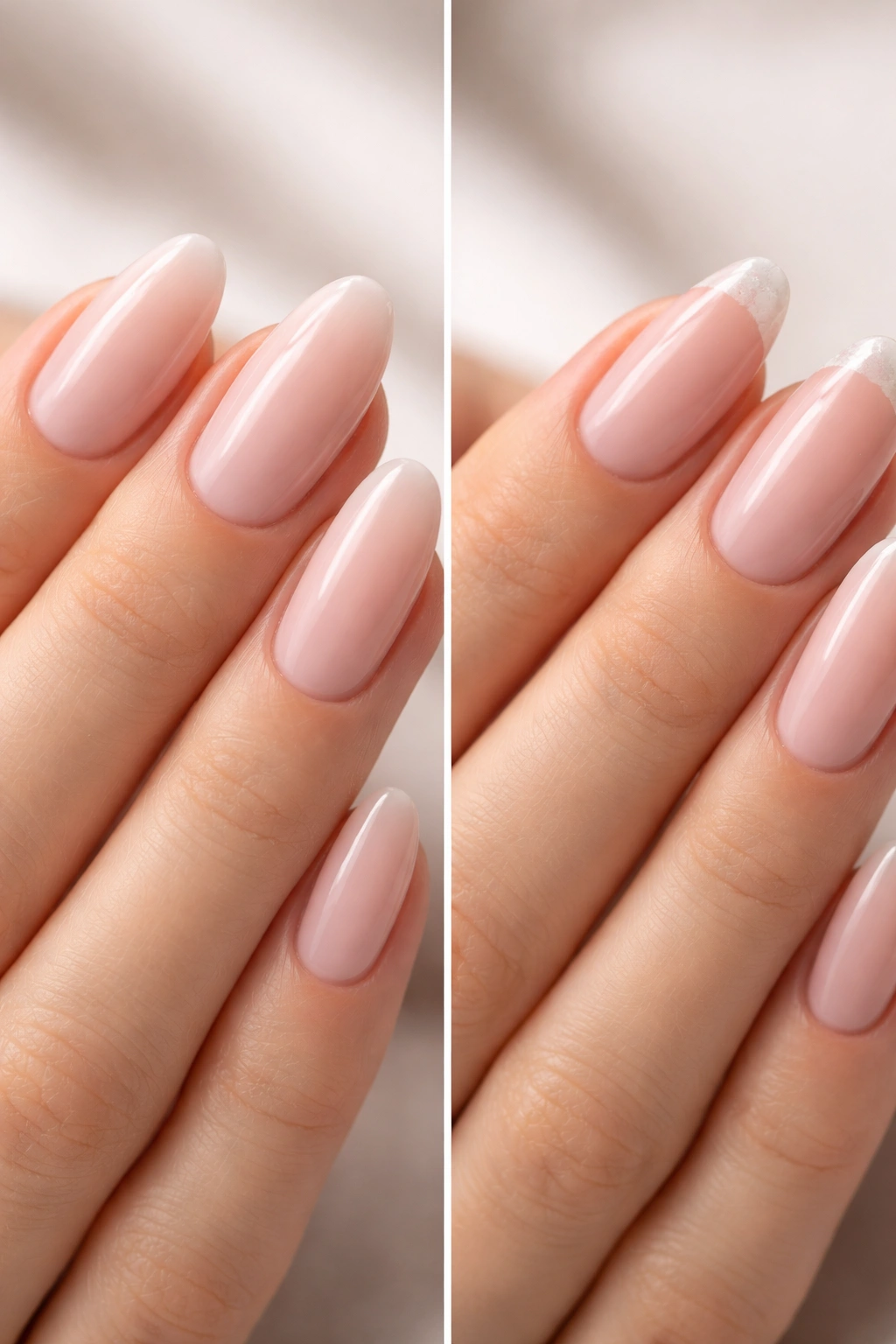 Oval nails look pristine while almond nails show tip wear, illustrating longevity differences