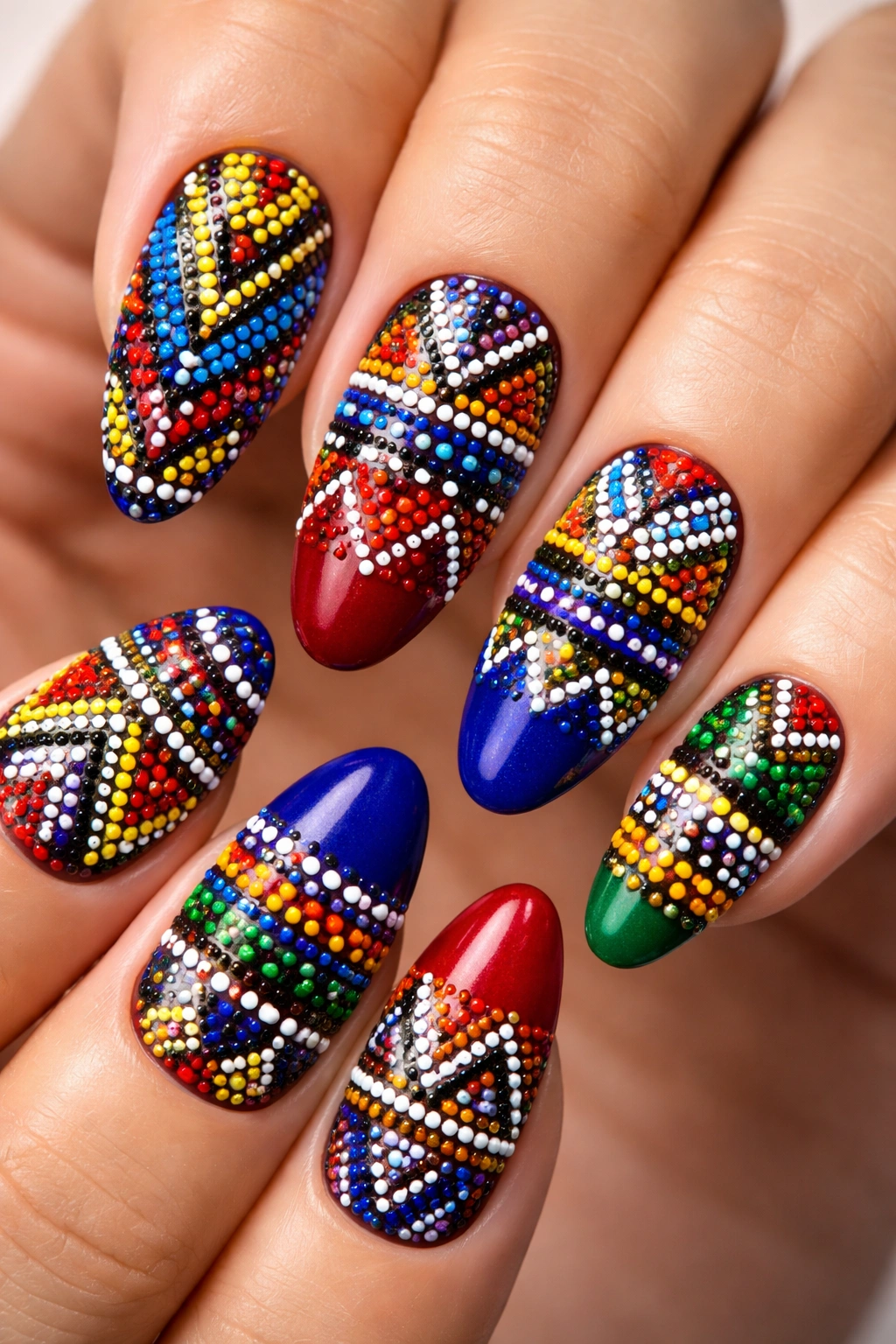 Nails with Maasai beadwork-inspired multicolor dot patterns.