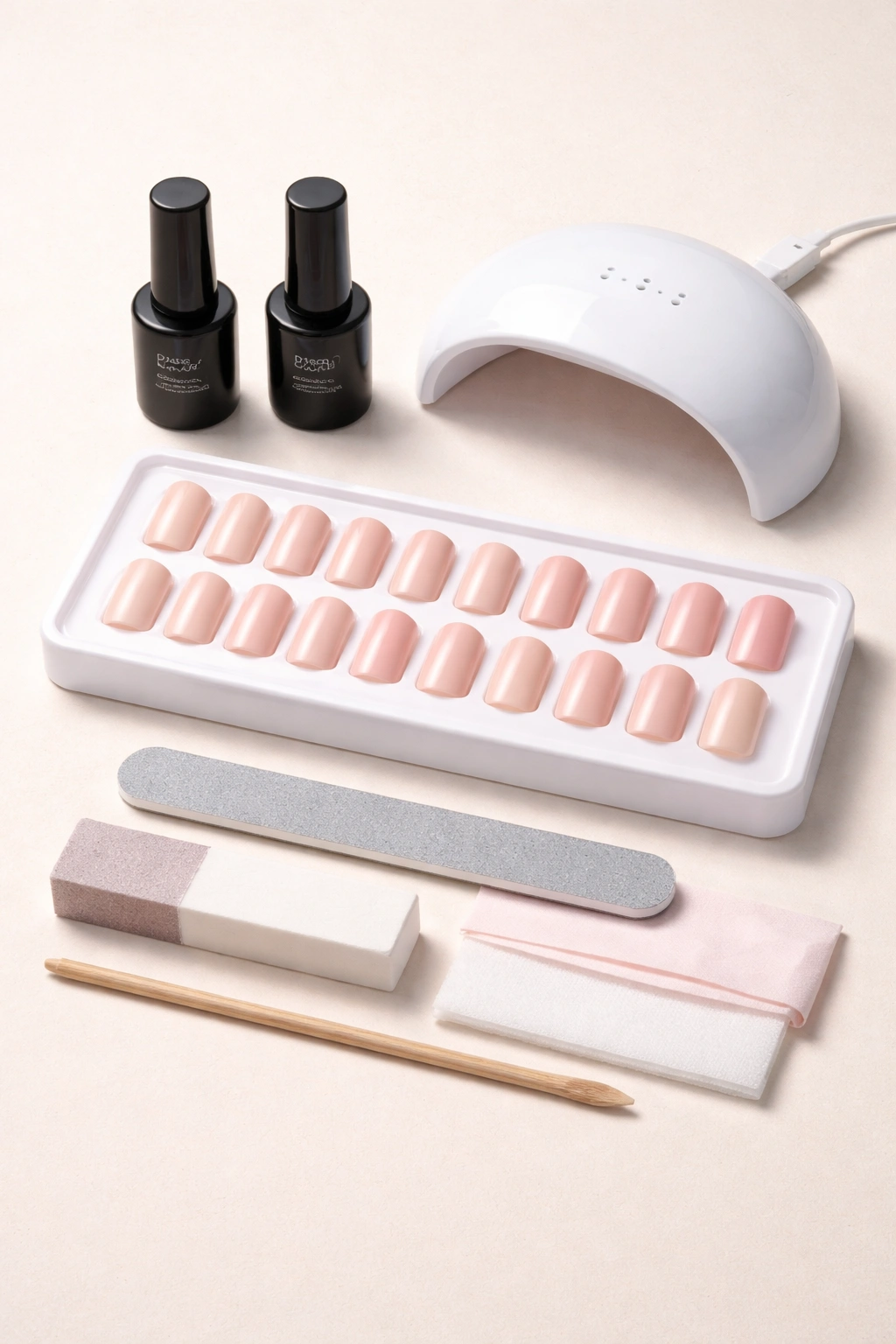Madam Glam gel system components with nails arranged neatly on a work surface