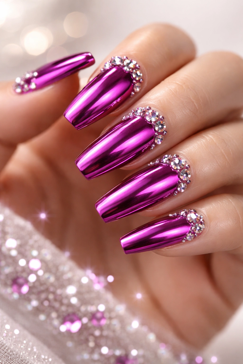 Close-up magenta chrome nails with scattered rhinestones
