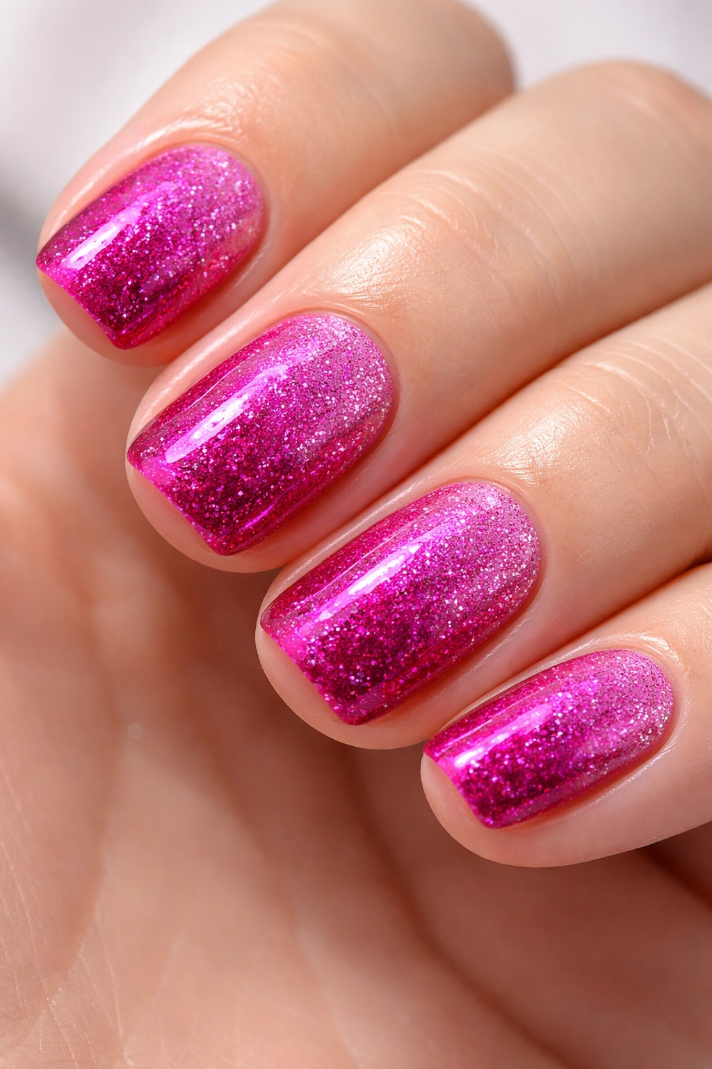 Close-up of magenta squoval nails with glitter gradient from tips
