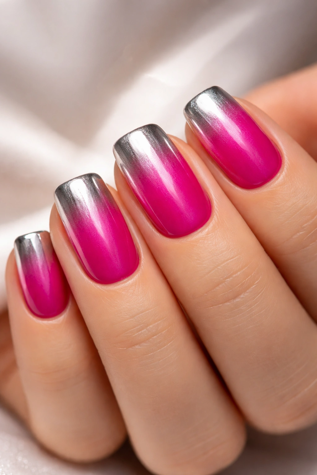 Close-up of magenta nails with silver chrome ombre
