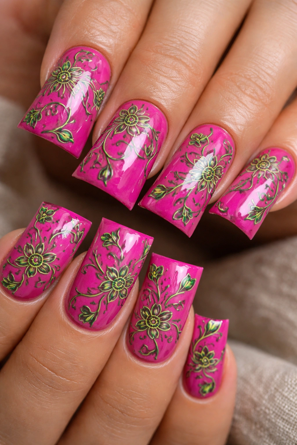 Magenta pink nails with green floral outlines