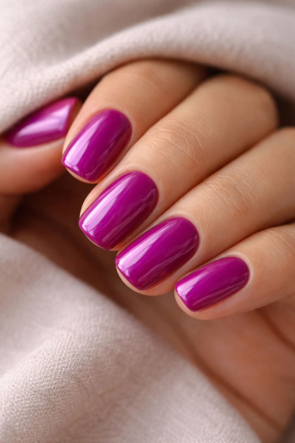 Magenta purple squoval nails with glossy finish on a neutral surface