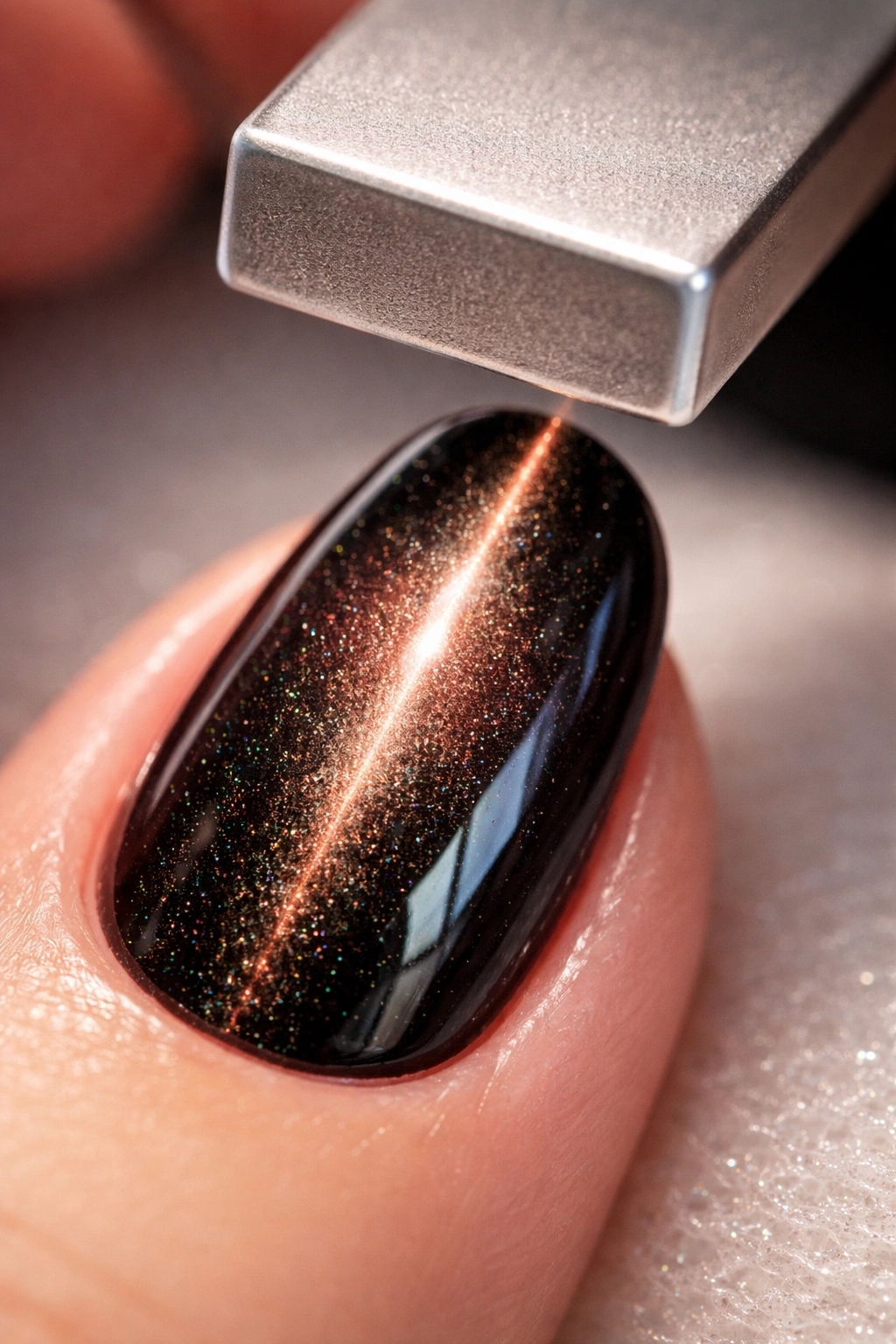 Nail with cat eye shimmer created by magnet technique