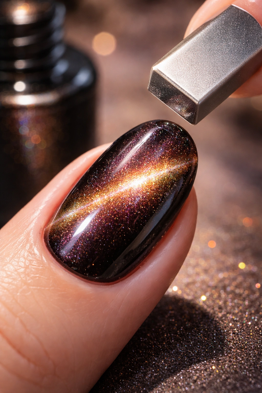 Nail showing cat eye shimmer as magnet is hovered near