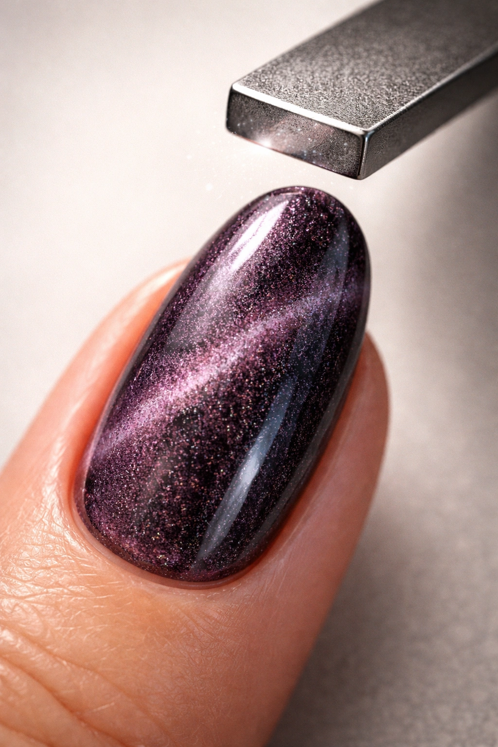 Close-up of a nail with patchy magnetic effect and a magnet nearby
