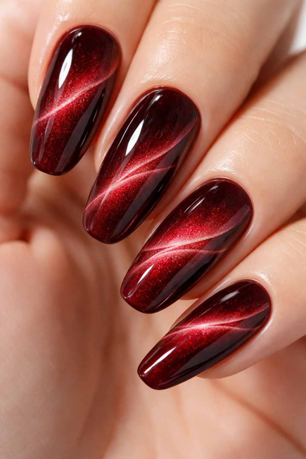 Deep red magnetic nails with wave pattern