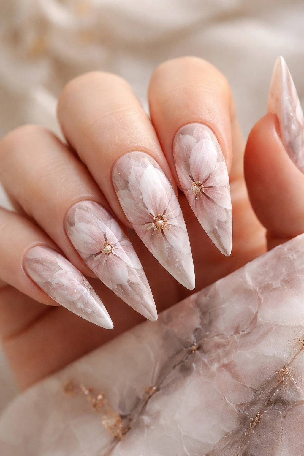 Close-up of stiletto nails with a pink-white-gray marble base and magnolia blooms.
