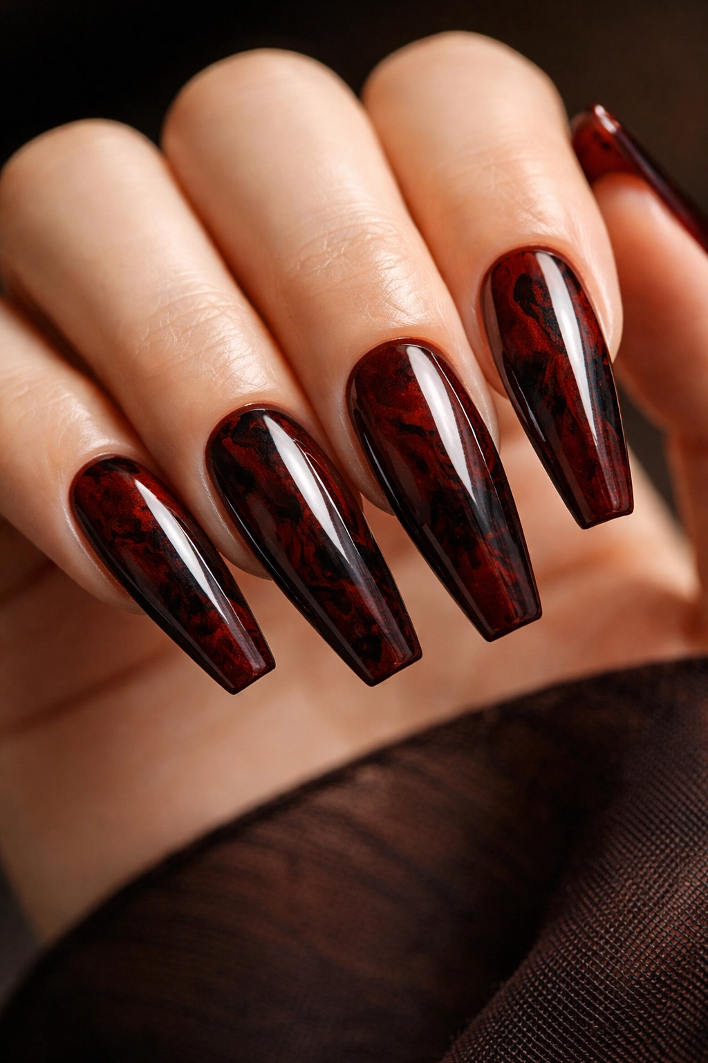 Mahogany marble nails with dark veining on ballerina shape