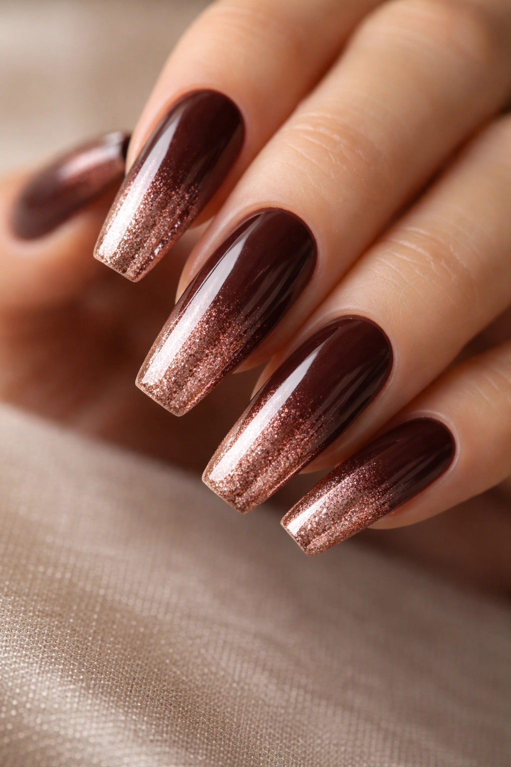 Long coffin nails with mahogany base and rose gold gradient.