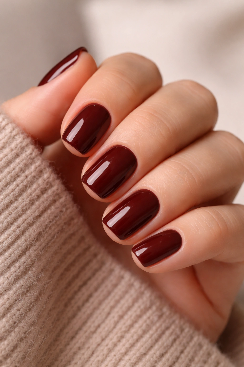 Close-up of short squoval nails in deep mahogany red with brown undertones