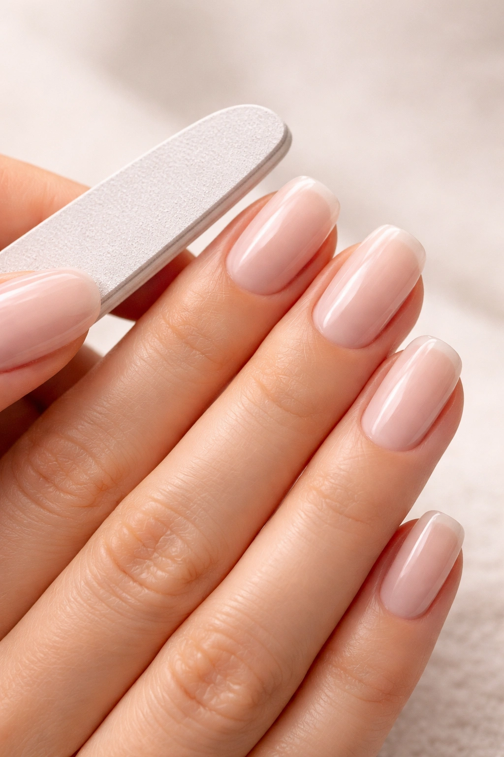 Hand with neatly shaped squoval nails showing straight edges and rounded corners
