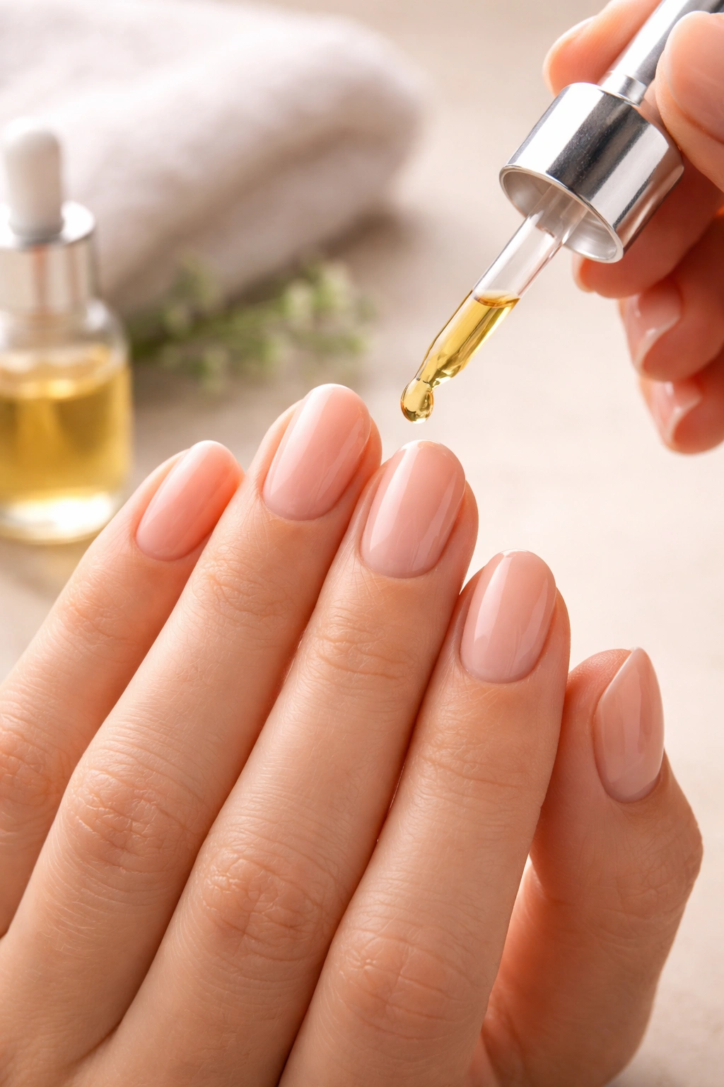Close-up of a hand applying cuticle oil to nails for maintenance
