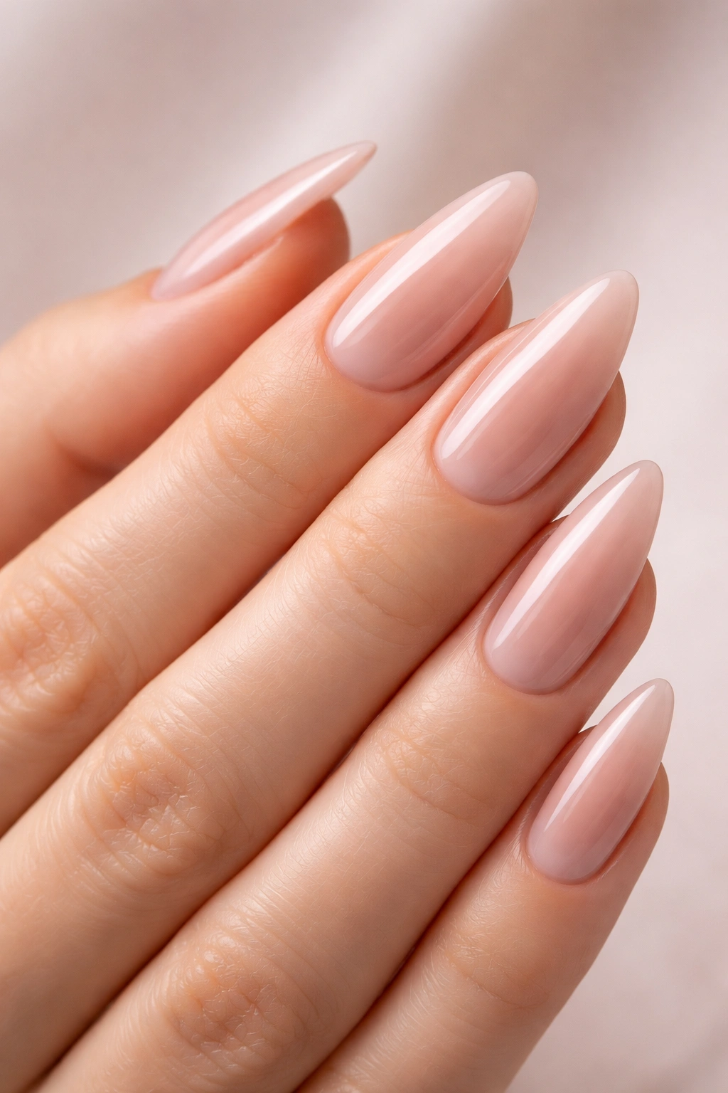 Almond nails with sharp shape and glossy topcoat on healthy hand