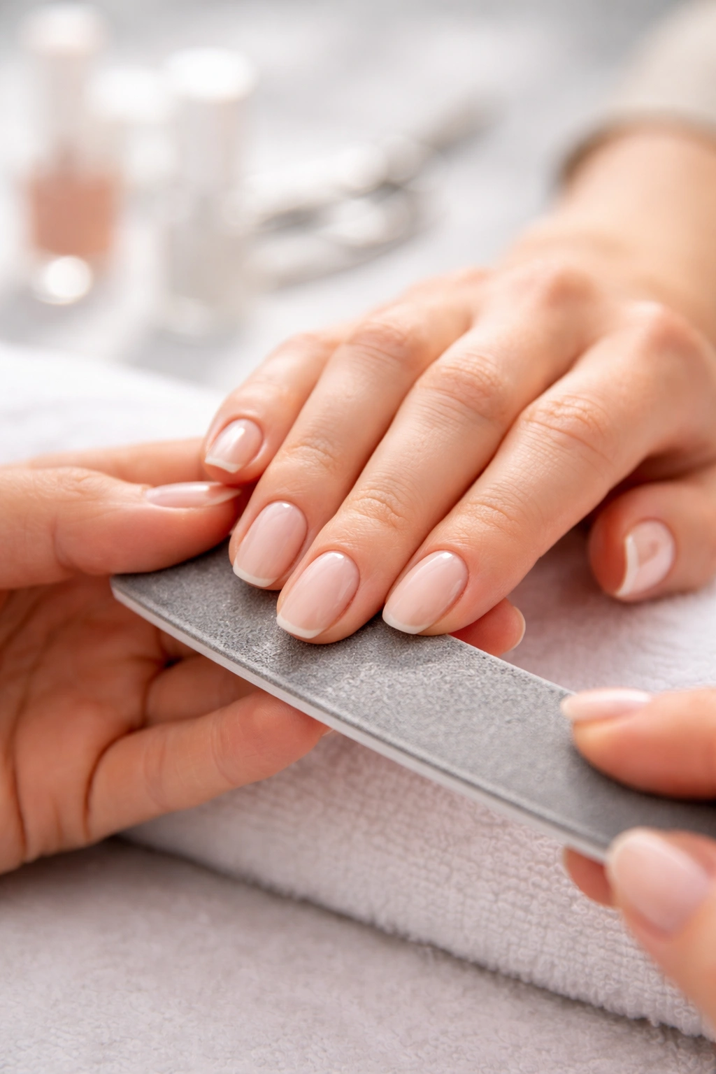 Close-up of a hand with round nails being filed during maintenance